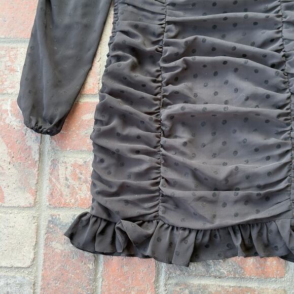 Privacy Please Arielle Black Polka Dot Dress Size L Sheer Ruffle Ruched Mini - Picture 6 of 9
